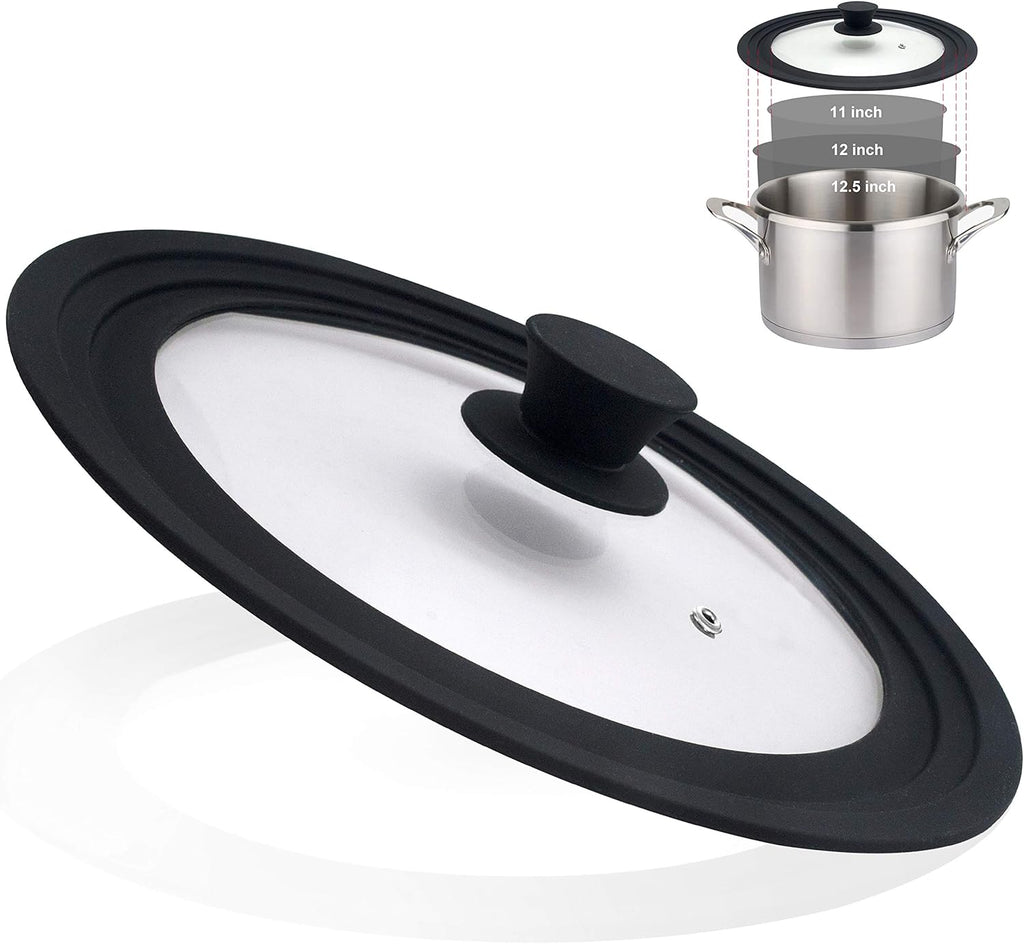 Universal Lid for Pots, Pans and Skillets - Tempered Glass with Heat Resistant Silicone Rim, Fits 11", 12" and 12.5" Diameter Cookware