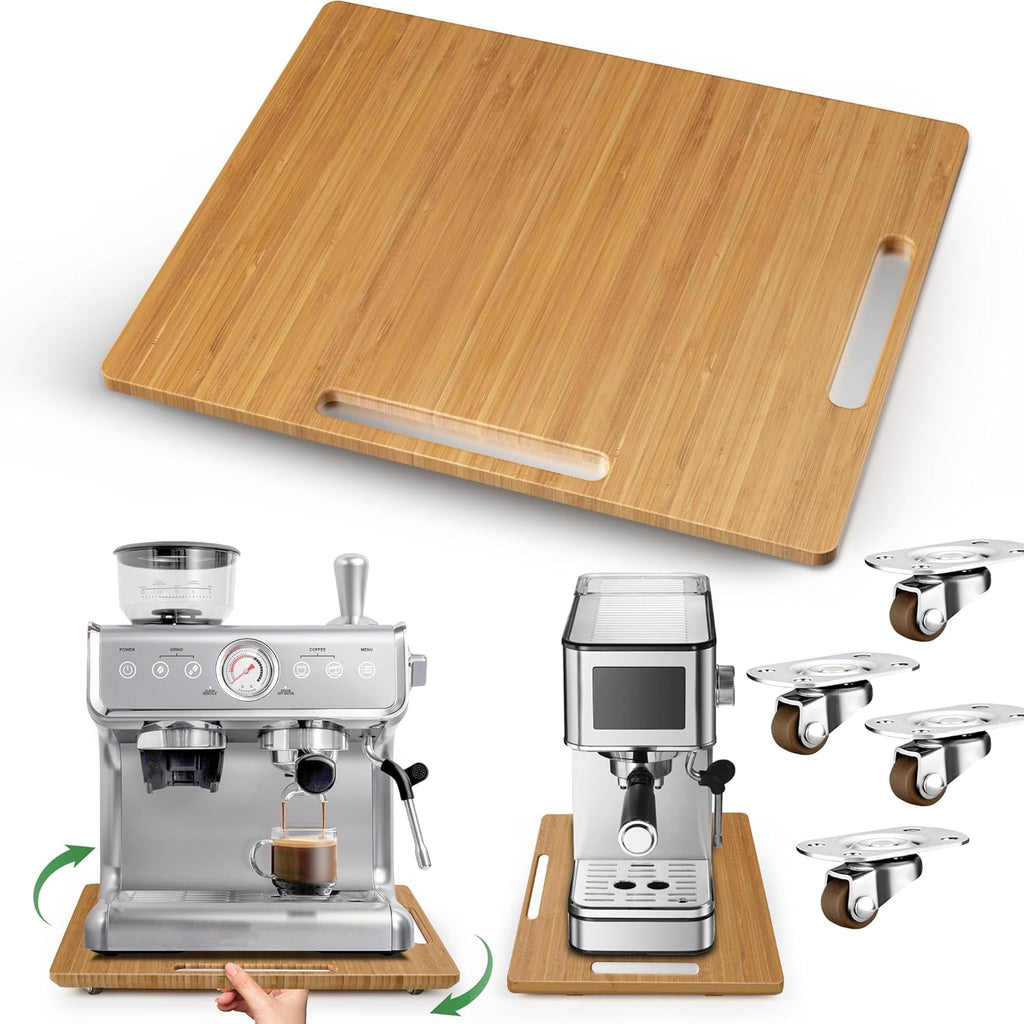 Joy&Grace Appliance Slider for Kitchen Appliances 360° Rolling Sliding Tray for Coffee Maker Countertop, Bamboo Coffee Pot Slider Rolling Tray (Natural, Large 16"x13")