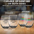 Custom Stemless Wine Glasses in Bulk by ARC Perfection, 15 oz, 50 pack, Personalized Text, Logo, Red or White Wine Glass Set, Black