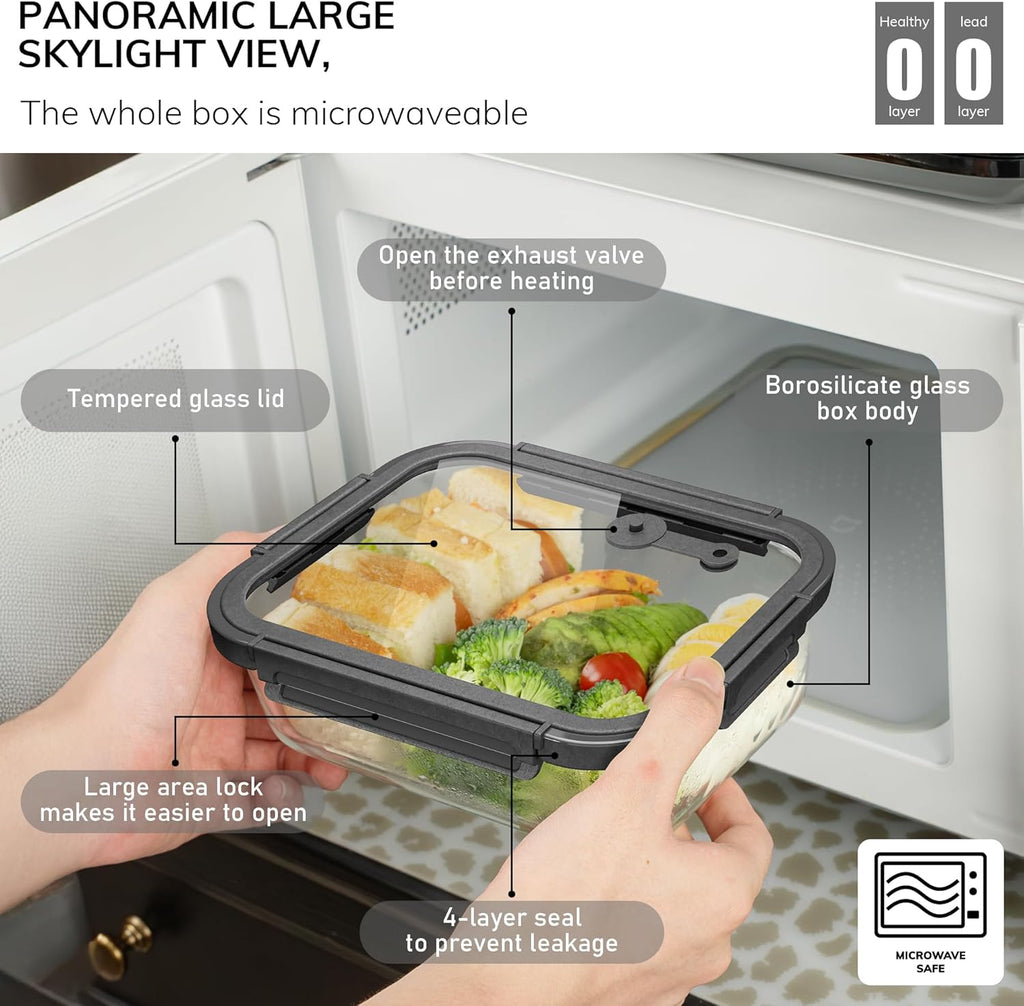 5-Pack Borosilicate Glass Containers with Tempered Lids, 35.2oz/4.4 Cup Airtight Meal Prep Set, Microwave/Freezer Safe (Gray)