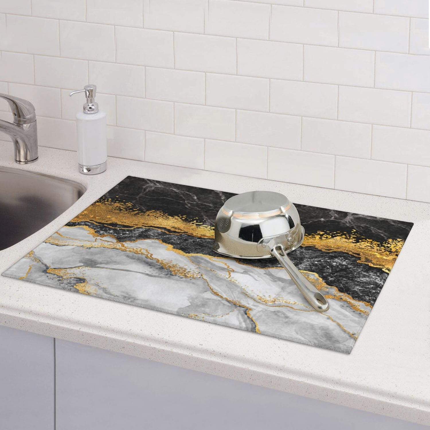 Gold and Black Grey Kitchen Drying Mat Black Gold Marble Decor Microfiber Dish Drainer Mat for Kitchen Counter Absorbent Reusable Washable 18x24 Inch