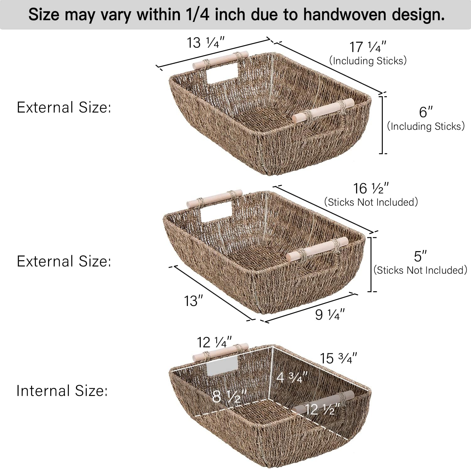 StorageWorks Hand-Woven Jumbo Storage Baskets with Wooden Handles, Seagrass Wicker Baskets for Organizing, 2-Pack
