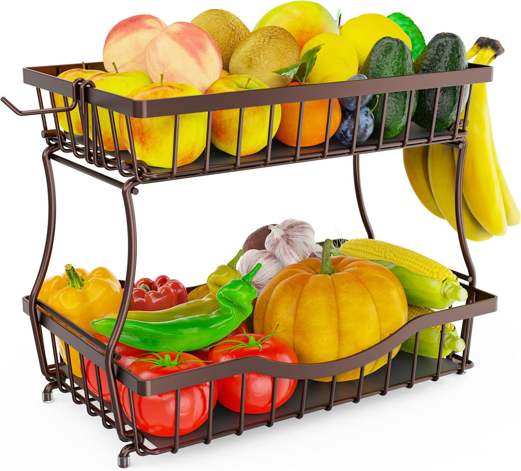 Large 2-Tier Fruit Basket for Kitchen Counter with 2 Banana Hangers – Metal Fruit Bowl for Onion, Vegetable, Snacks, Breads Storage – Countertop Organizer – Bronze