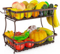 Large 2-Tier Fruit Basket for Kitchen Counter with 2 Banana Hangers – Metal Fruit Bowl for Onion, Vegetable, Snacks, Breads Storage – Countertop Organizer – Bronze