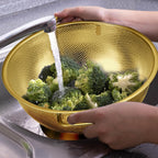 Bokon 3 Pcs Stainless Steel Colander Set Colander Bowl and Sieves 1/3/5 Quart Metal Mesh Strainer Net Basket with Handles Food Spaghetti Strainer for Kitchen Draining Pasta Rinsing(Gold)