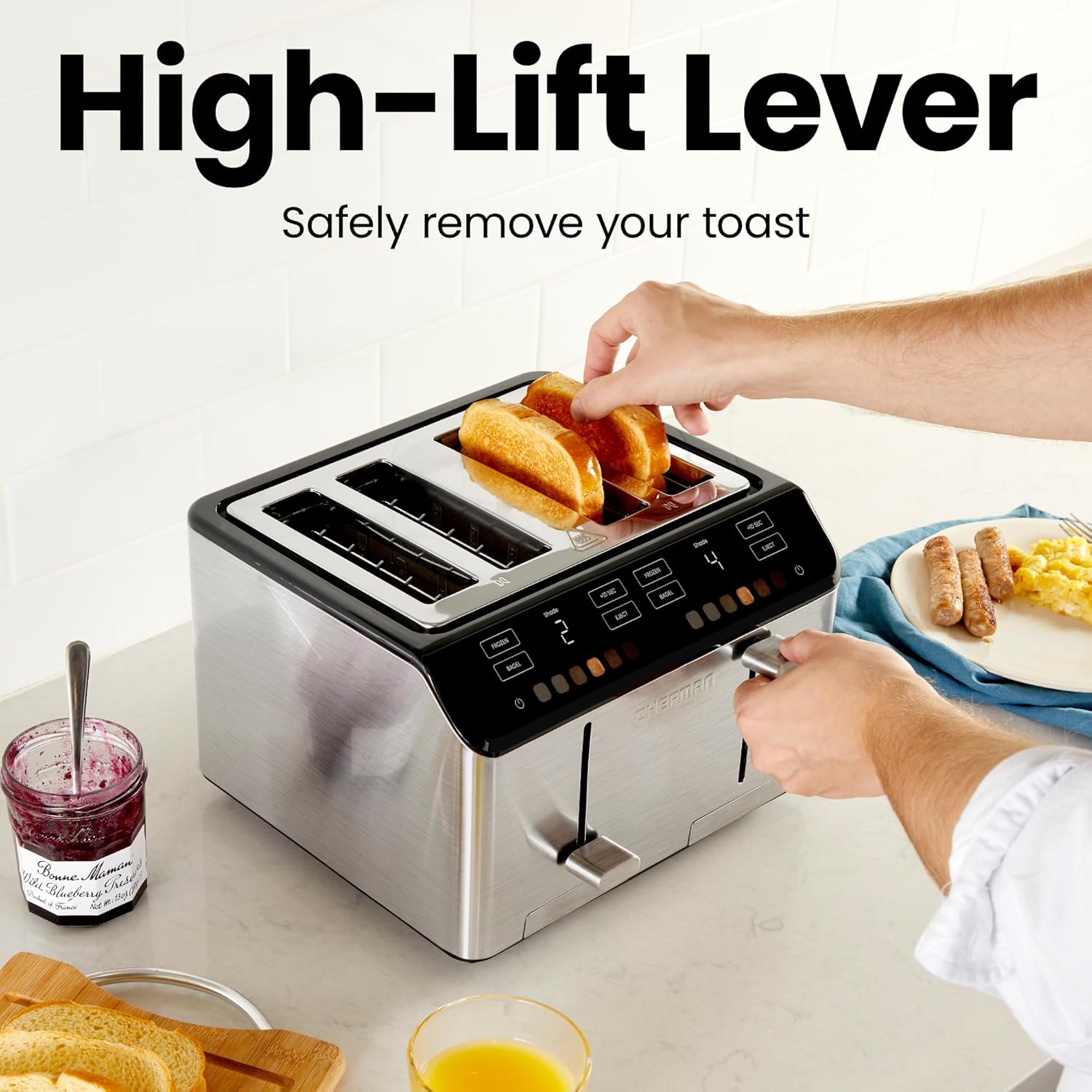 Chefman Smart Touch 4 Slice Digital Toaster, 6 Shade Settings, Touchscreen Bagel Toaster 4 Slice with Extra-Wide Slots, +10 Seconds, Defrost, Removable Crumb Tray – Stainless Steel