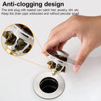 Bathroom Sink Drain Stopper for 1.1 to 1.5 inch Standard Drain Holes, Pop-up Sink Stoppers, Bullet Core Push Type Basin Drain Filter, Anti Clogging Stainless Steel Sink Strainer With Basket, Brushed