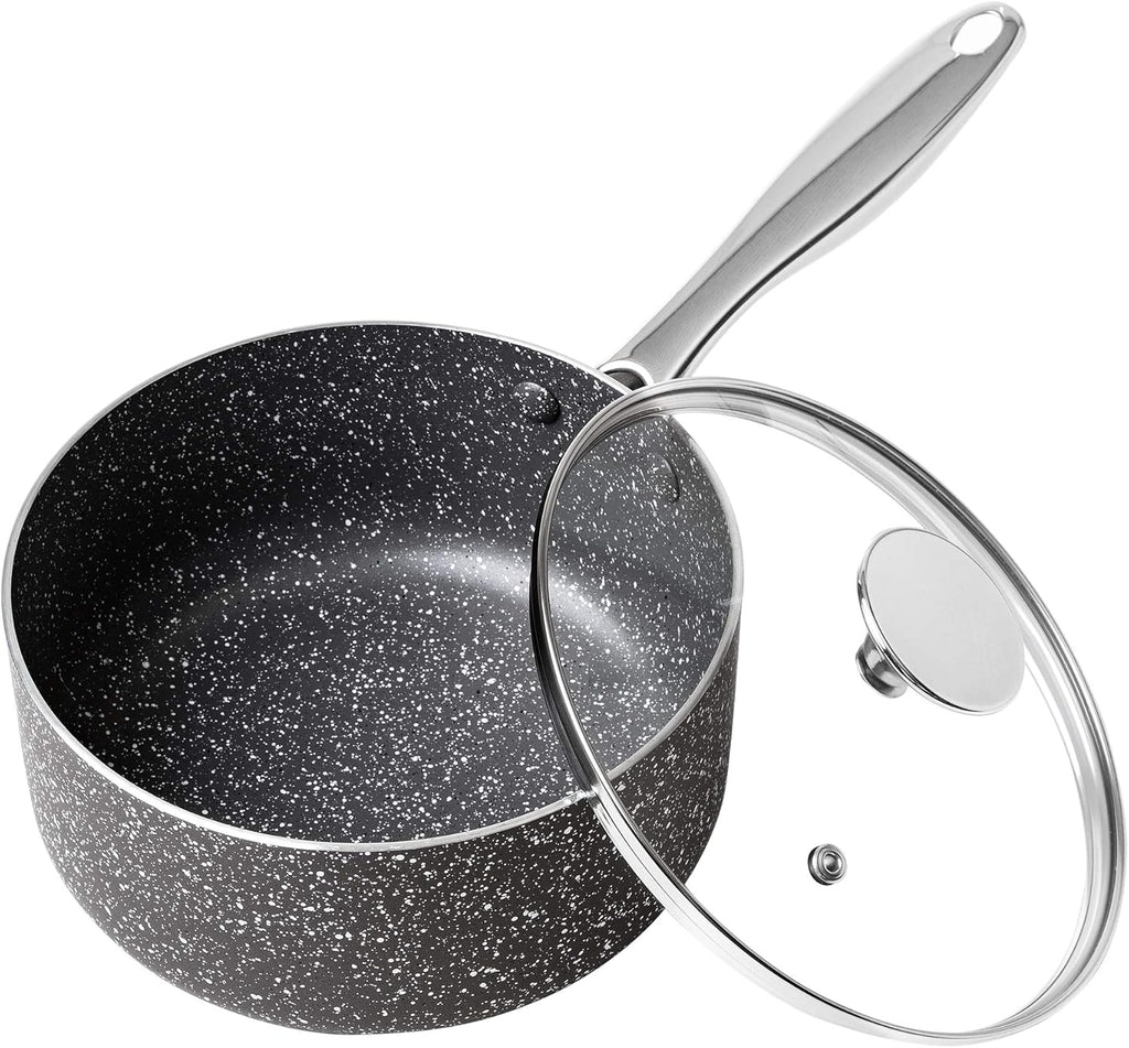 MICHELANGELO 2 Quart Saucepan with Lid, Nonstick Sauce Pan with Healthy Coating, Granite Sauce Pan with Stainless Steel Handle, 2 Qt Saucepan Induction Compatible, Gray