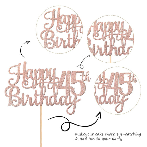 1 PCS Happy 45th Birthday Cake Topper Glitter Cheers to 45 Years Birthday Cake Pick 45 Fabulous Cake Decoration for Happy 45th Birthday Theme Party Decorations Supplies Rose Gold