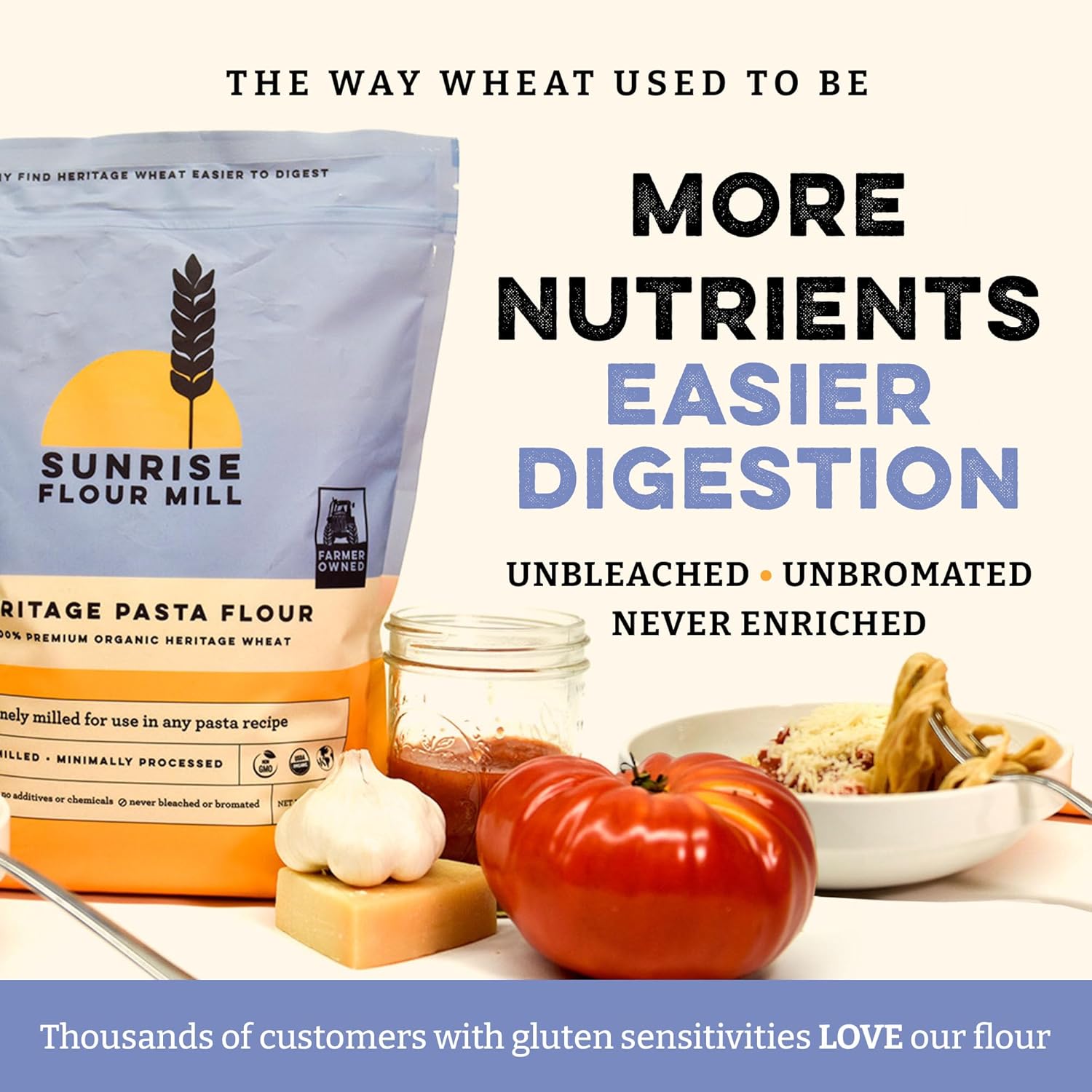 Sunrise Flour Mill USDA Organic Heritage Pasta Flour - 2 lbs | Milled from Hard Red Wheat | Easier to Digest with Less Bloating | No Bleaching or Bromating | Zero Additives