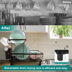 2-Tier Dish Drying Rack for Kitchen Counter,Space-Saving Dish Rack with Drainboard,Rustproof Countertop Dish Drainer with Utensil Holder for Sink,Black