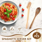 Baderke 2 Pcs Wooden Pasta Spoon with Teeth Large Spaghetti Spoon Utensil, 9.4'' Pasta Tong and 13'' Pasta Fork with Handle, Comfortable Grip Design Server Spoons for Kitchen Spaghetti Noodle