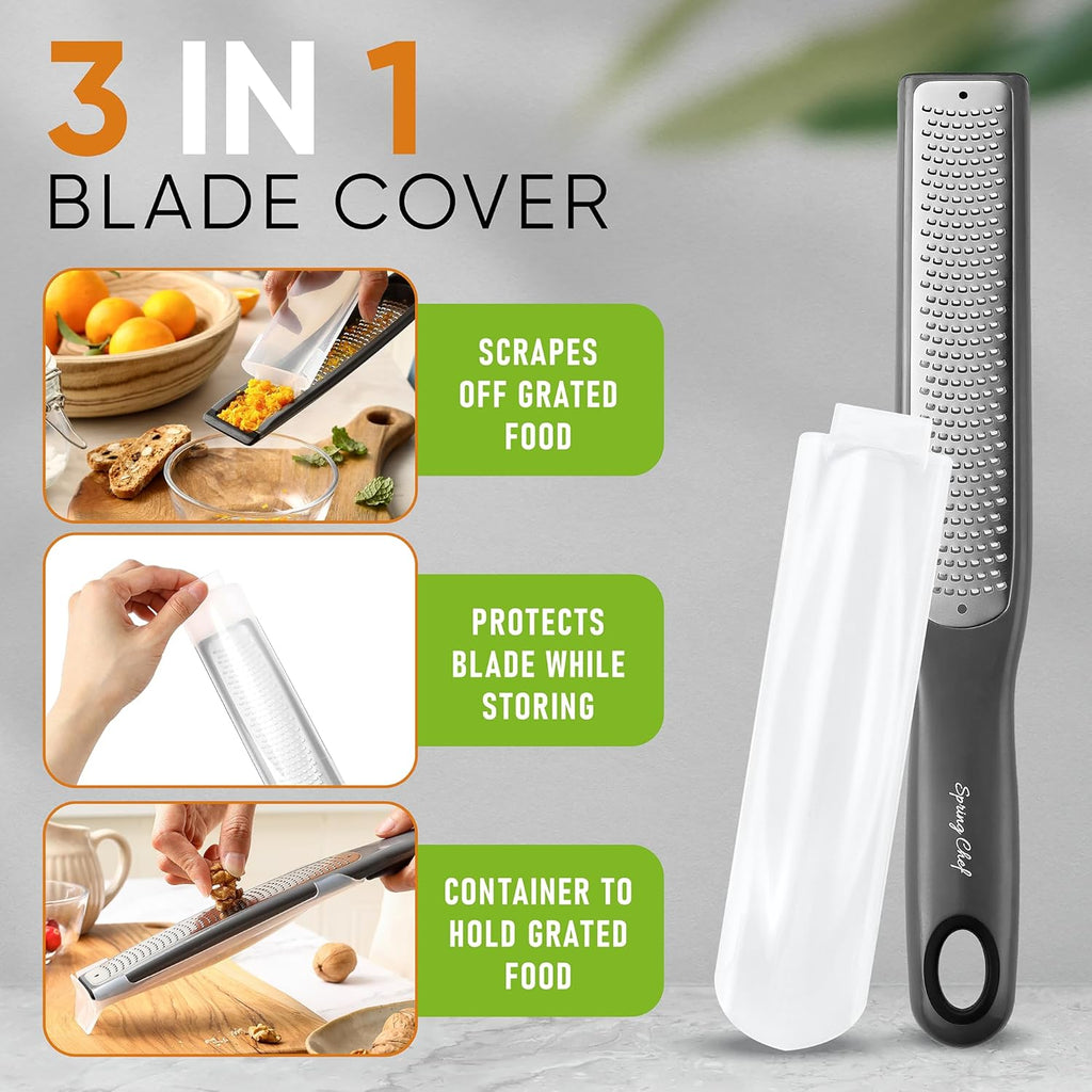 Spring Chef Premium Gray Lemon Zester Grater with Handle - Lime, Garlic, Ginger, Orange, Nutmeg, Fruit Grater - Heavy Duty Kitchen Tool - Stainless Steel Citrus Zester with Blade Cover - Fine Shred