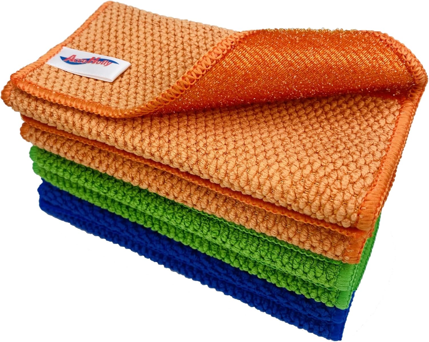 12 Pack Microfiber Scrub Dish Cleaning Cloth, Non-Scratch, Reusable & Durable for Pan Pot Dish Cooktop Stovetop Counter Kitchen Household, Machine Washable, 6 x 6 Inch, Orange, Blue & Green Assorted