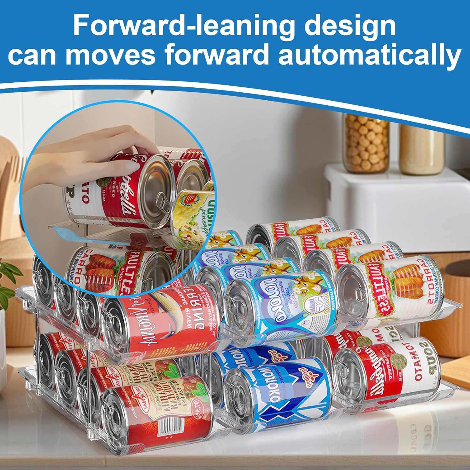 cjc Can Organizer for Pantry Stackable, Clear Can Organizer for Fridge, Auto-Rolling Pop Soda Pantry Organizers for 36 Cans, Storage Rack for Kitchen Cabinet (3 Sets 3 Tiers)