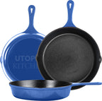 Utopia Kitchen Cast iron Skillets 3 Piece Set, Chefs Pan, Pre Seasoned Cast iron Skillets, 6, 8 & 10 Inches, Easy Use in the Oven, Stove, Grill, or Campfire, Blue