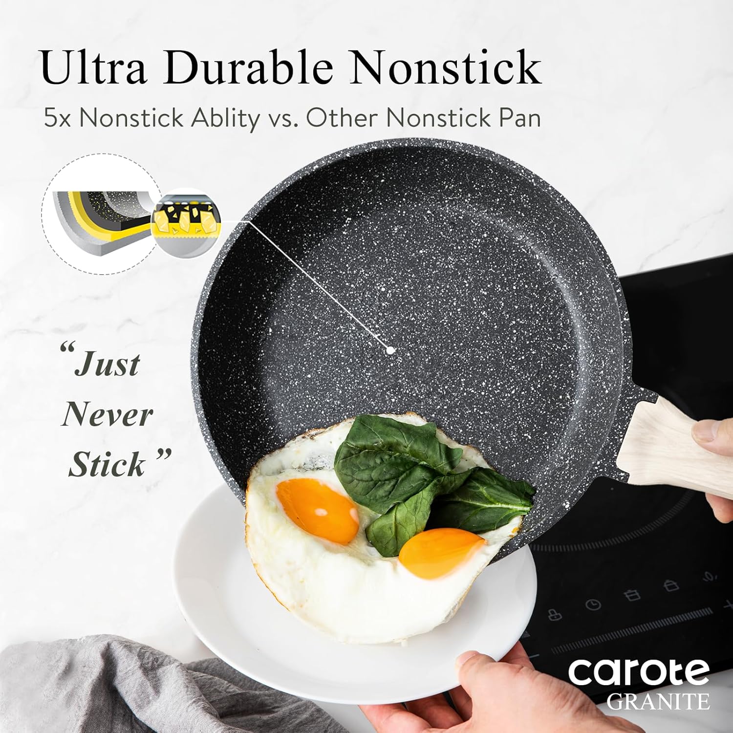 CAROTE Non Stick Frying Pan Skillet,12" Nonstick Fry Pan with Glass Lid, Egg Pan Omelet Pans, Granite Cookware Chef's Pan, PFOA Free (Classic Granite, 12-Inch)