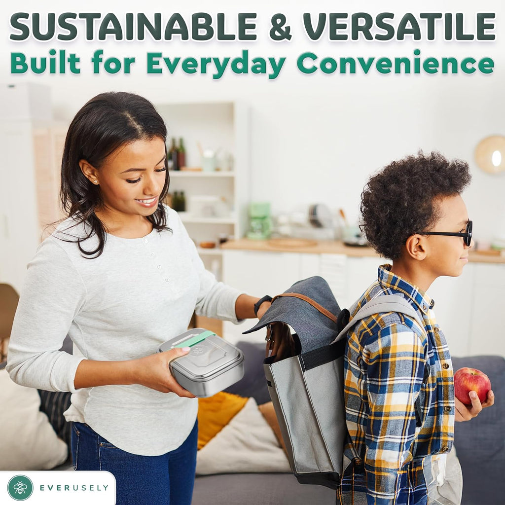 Everusely - Bento Box - Green, 47oz / 1.4 L - Stainless Steel Lunch Box with Leakproof Condiment Container - 3 Compartment Snack Organizer for On the Go Meals - Freezer & Dishwasher Safe