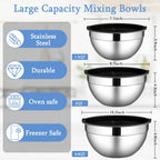 LIANYU Mixing Bowls with Lids Set of 3, Large & Small Stainless Steel Nesting Metal Bowls for Kitchen Storage, Dishwasher Safe, Size 1.5QT & 3QT & 4.6QT, Black