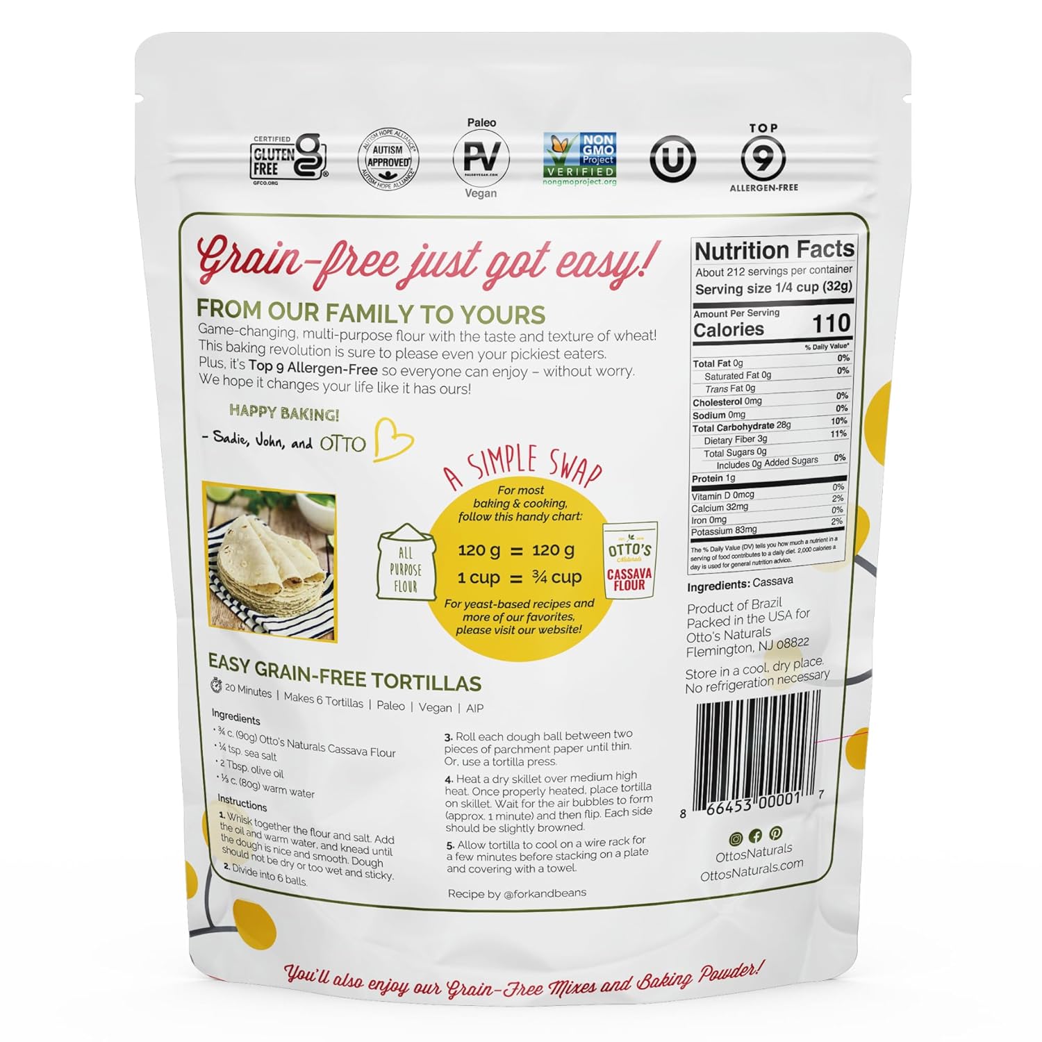 Otto's Naturals Multi-Purpose Cassava Flour, Non-GMO, Gluten-Free, Grain, Nut and Gum-Free, 1-to-1 Wheat Alternative, Paleo, AIP, 15 lb