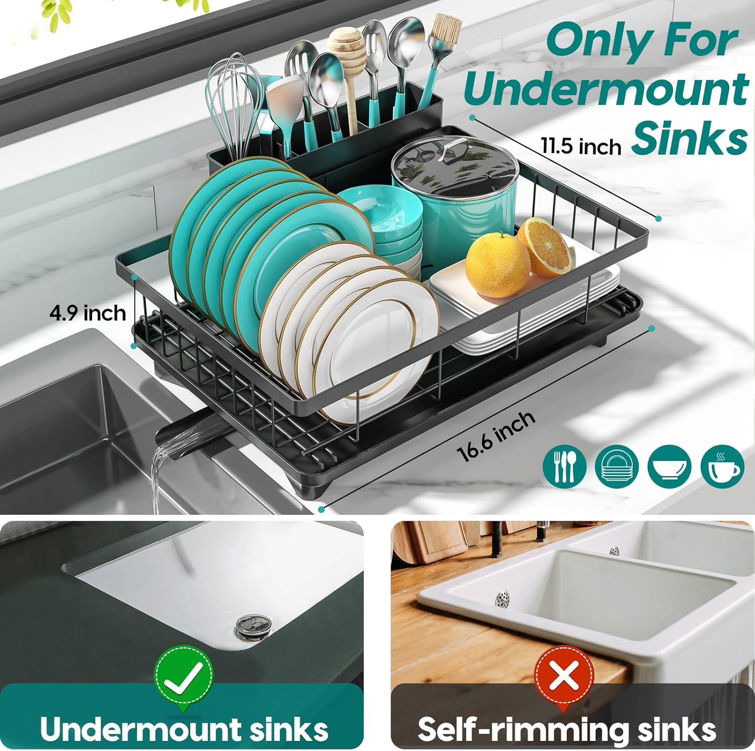 MERRYBOX Dish Drying Rack Space-Saving Dish Racks for Kitchen Counter, Rustproof Drying Rack Kitchen with Large Utensil Holder and Increased Feet, 16.5" D x 11.4" W x 5.65" H, Black