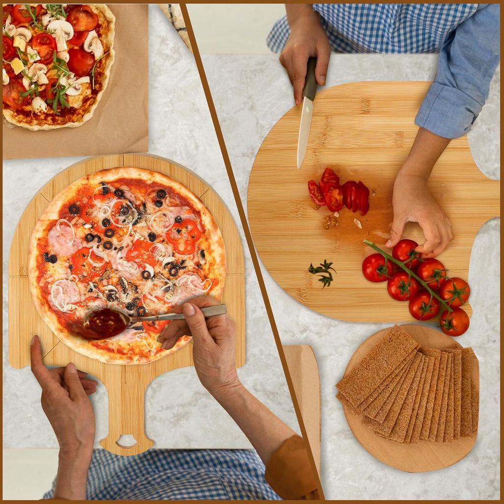 Pizza Peel Wooden, 2 Pack of 12 Inch Pizza Spatula Wood Non-Stick, Bamboo Pizza Paddle as Cutting Board with Cutting Grooves for Easy Pizza and Bread Making