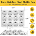 Homikit 1 Pack Muffin Pan, Stainless Steel Cupcake Tin with 12 Cups Regular Size, 13.8" x 10.4" Nonstick Metal Egg Bites Tray for Oven Baking, Non Toxic & Rust Free, Easy Release & Dishwasher Safe