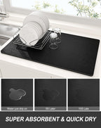 Rnivvi Dish Drying Mat for Kitchen Counter, 12 x 19" Super Absorbent Drainer Pad Easy Clean Dish Rack Pad, Non-Slip Heat Resistant Coffee Bar Mats for Coffee Machine Station Accessories Decor, Black