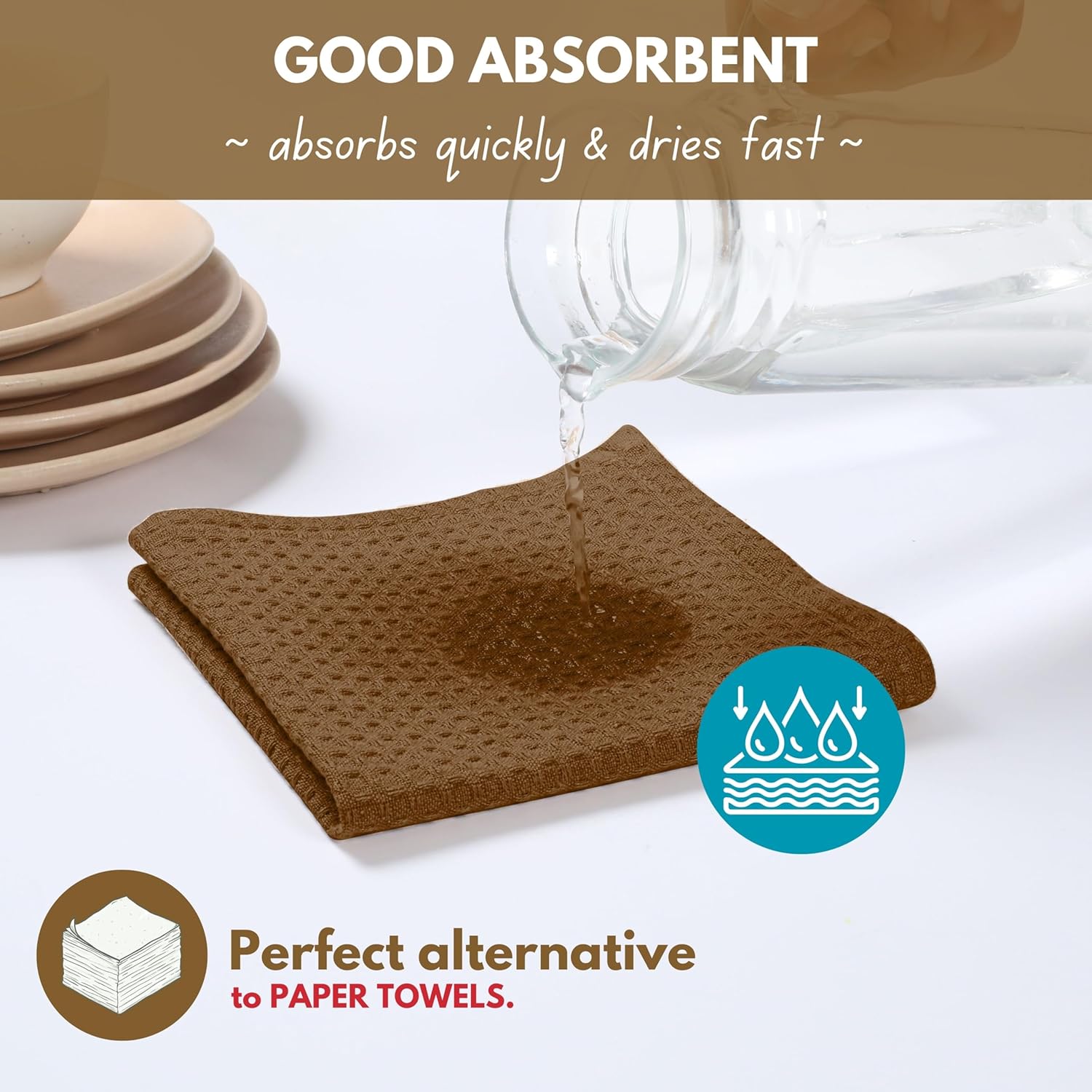 Native Fab Waffle 12 Pack 100% Cotton Easter Kitchen Dish Towels 16x26 Absorbent Durable Washable, Tea Cloths, Bar Towels, Cleaning With Hanging Loop, Brown