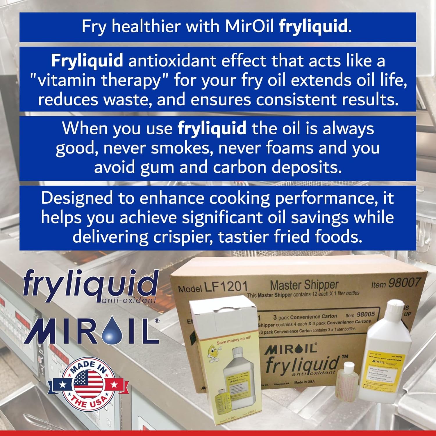1 Liter Bottle FryLiquid by MirOil, Antioxidant for Frying, Removes Unhealthy Fat, Prevents Breakdown, Vitamin Therapy, Extend Deep Fryer Oil Life for Donut Shop, Restaurant, Food Truck & Food Service