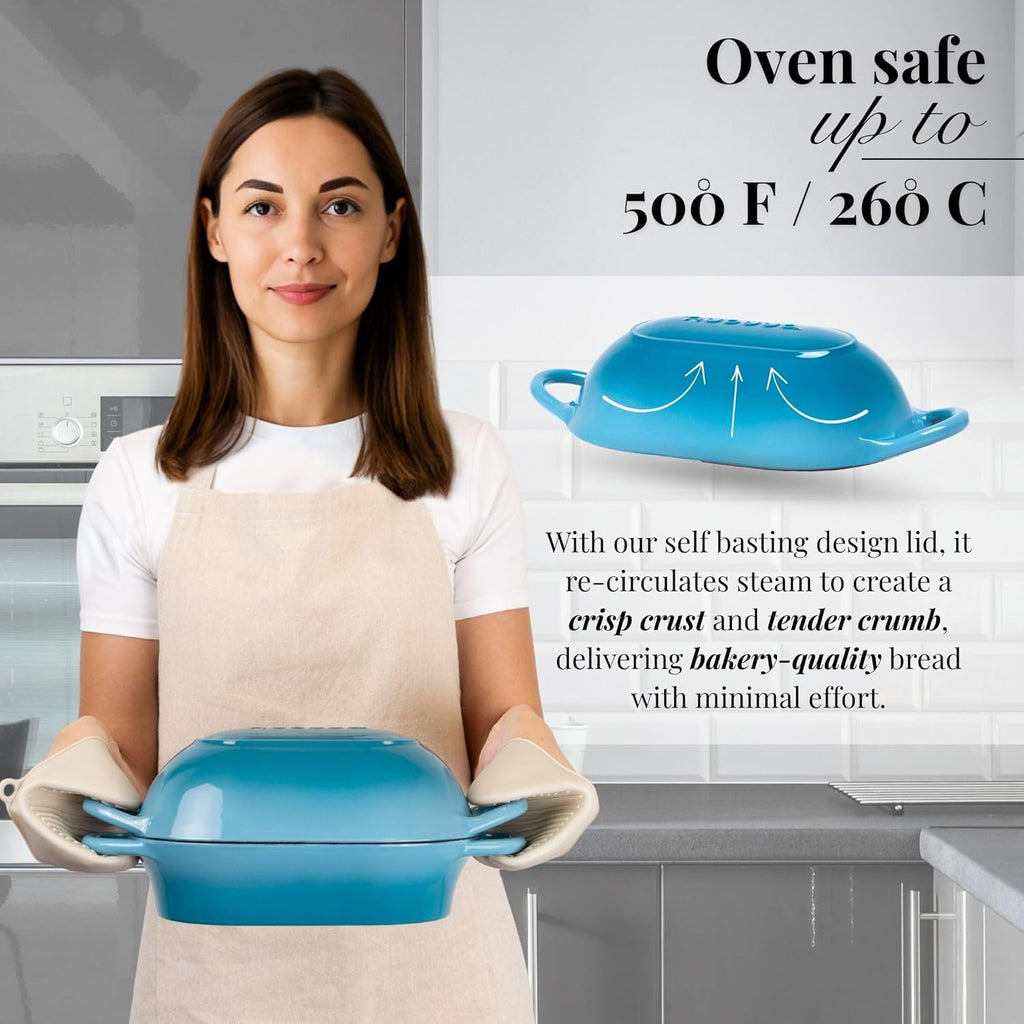 Dutch Oven For Sourdough Bread Baking – Enamelled Cast Iron Bread Loaf Pot – Oven Safe Non Stick Bread Pot – Rectangular,Light Blue, 24cm x 16cm – by Nuovva