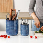 Hasense Utensil Holder, 7.4” + 5.4” Ceramic Cooking Utensil Crock for Kitchen Counter, 2 Pack Utensil Caddy Utensil Organizer for Spatula and Spoon Kitchen Decor, Navy Blue