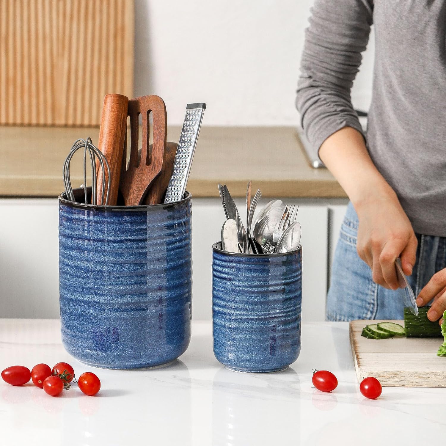 Hasense Utensil Holder, 7.4” + 5.4” Ceramic Cooking Utensil Crock for Kitchen Counter, 2 Pack Utensil Caddy Utensil Organizer for Spatula and Spoon Kitchen Decor, Navy Blue