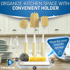 Dish Brush Set of 5 with Holder - Kitchen Scrub Brushes with Non-Slip Long Handle for Cleaning, Scrubber, Dishwashing, Dishes, Bottles, Straws, Cups, Pots & Sink, Baige