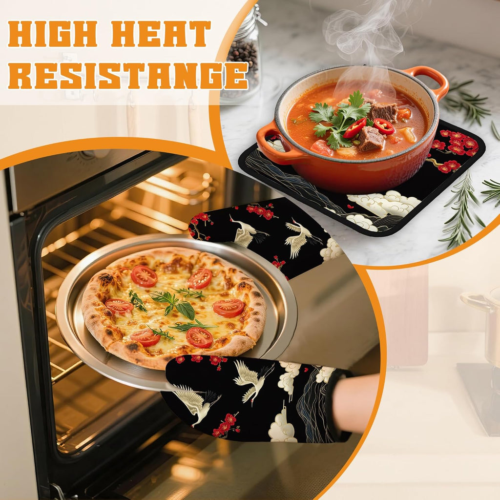 Japanese Crane Oven Mitts and Pot Holders Set,Cherry Blossom Kitchen Decor Heat Resistant Non Slip Hot Pads and Oven Mitt for Chef Cooking Baking BBQ Mom Girl Gifts(4 Piece Set)