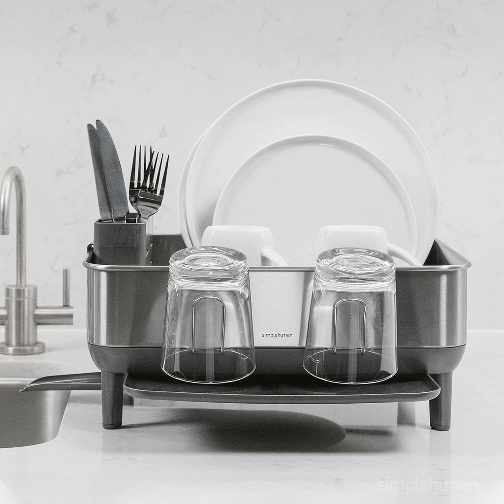 simplehuman Compact Dish Drying Rack with Stainless Steel Frame, 360º Easy Drain Swivel Spout, Utensil Holder, Anti-Residue Coating, Moisture Control Surface, Grey