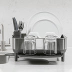 simplehuman Compact Dish Drying Rack with Stainless Steel Frame, 360º Easy Drain Swivel Spout, Utensil Holder, Anti-Residue Coating, Moisture Control Surface, Grey