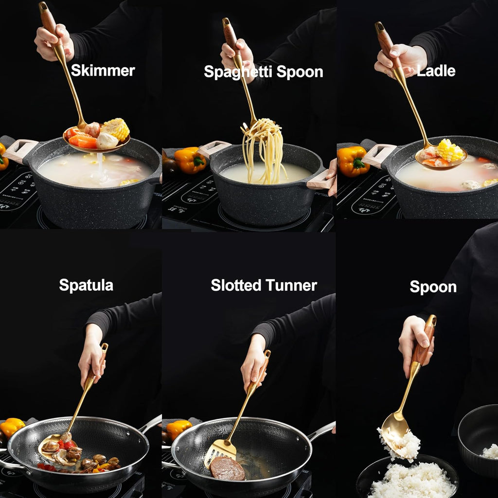 Gold Kitchen Utensils Set with Wooden Handle, 6 PCS Professional Cooking Utensils Set, Wok Spatula, Ladle, Skimmer, Slotted Spatula Turner, Spaghetti Spoon, Large Spoon