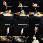 Gold Kitchen Utensils Set with Wooden Handle, 6 PCS Professional Cooking Utensils Set, Wok Spatula, Ladle, Skimmer, Slotted Spatula Turner, Spaghetti Spoon, Large Spoon