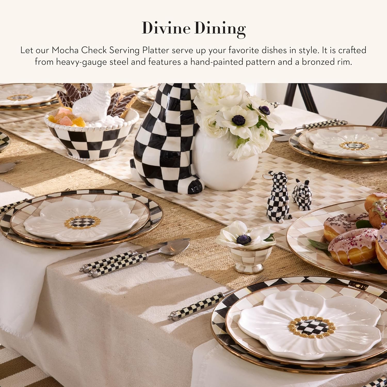MACKENZIE-CHILDS Enamel Serving Platter, Decorative Serving Platter for Food, 16 Inches, Brown-and-White Mocha Check