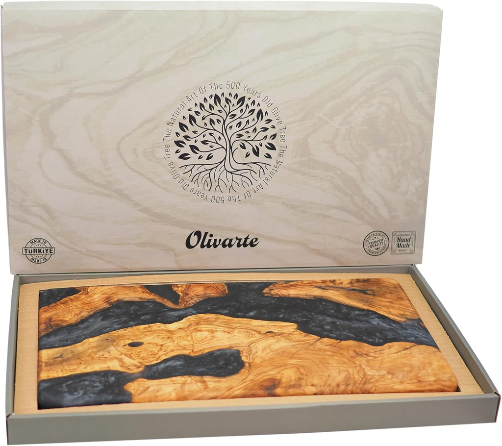 Handmade Epoxy Cutting Board & Charcuterie Board - Decorative, Olive Wood Boards for Serving Cheese, Fruit, Meat - Ideal for Kitchen, Unique Housewarming Gift - Black Resin