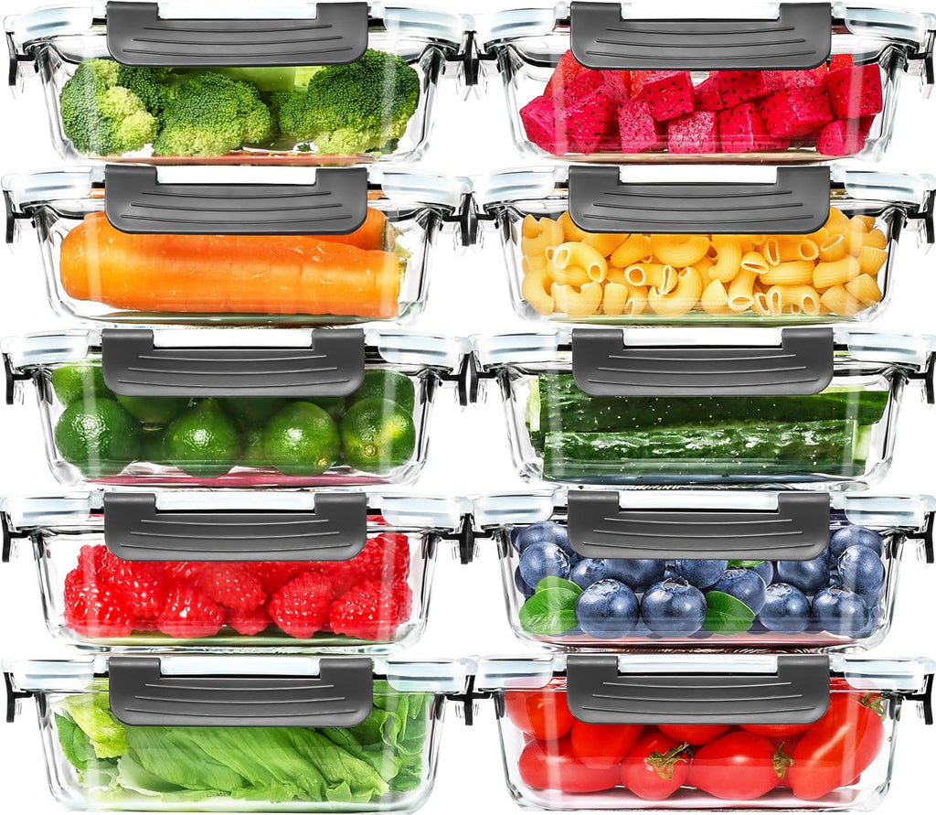 Skroam 10 Pack Glass Meal Prep Containers, 22 OZ Glass Airtight Food Storage Containers with Lids, Pantry Kitchen Storage Containers for Lunch, Food Storage, Meal Prep, Lunch Bento Boxes