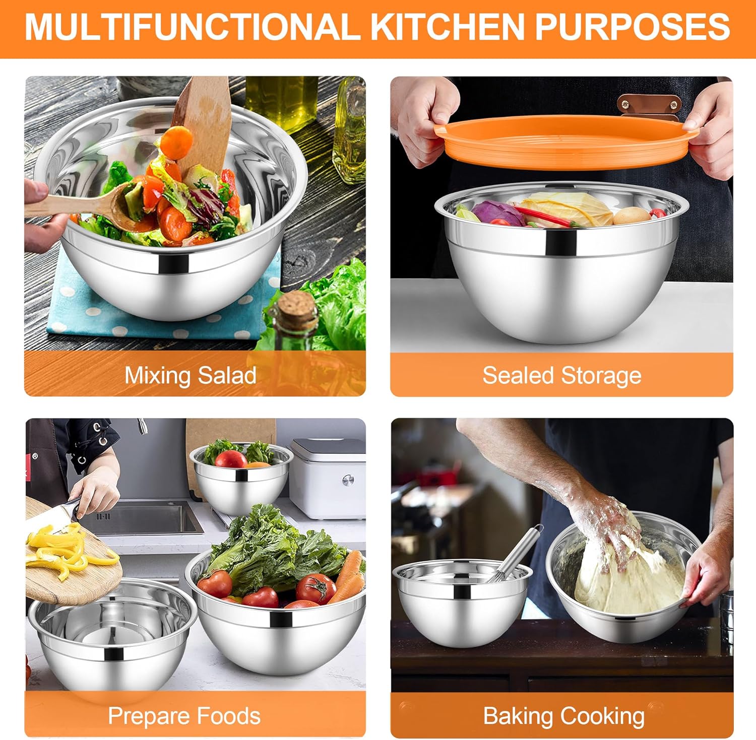 LIANYU Stainless Steel Mixing Bowl Set of 6, Metal Nesting Salad Bowl, Extra Large 7 & 3.5 & 2.5 & 2 & 1.5 & 1QT, Kitchen Bowls for Cooking, Storage, Serving, Dishwasher & Freezer Safe, Multi-Color