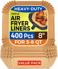 400 Pcs Air Fryer Paper Liners, 8" Square Air Fryer Liners Disposable, Heavy-Duty Parchment Paper for 5-8 qt Airfryer Basket, Non-Stick & Grease-Proof Baking Liner for Oven Pan