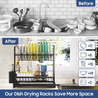 2-Tier Large Dish Drying Rack for Kitchen Counter with Drainboard and Cutlery Holder, 2 Tier Dish Drying Rack, Black,16.54" D x 11.81" W x 17.71" H