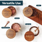 Salt Cellar, 2PCS Salt Container Acacia Wood Salt and Pepper Box for Countertop with Built-in Spoon & Swivel Lid, Wood Salt Holder Bowl for Kitchen, Seasoning Storage (Rose & SALT Engraving)