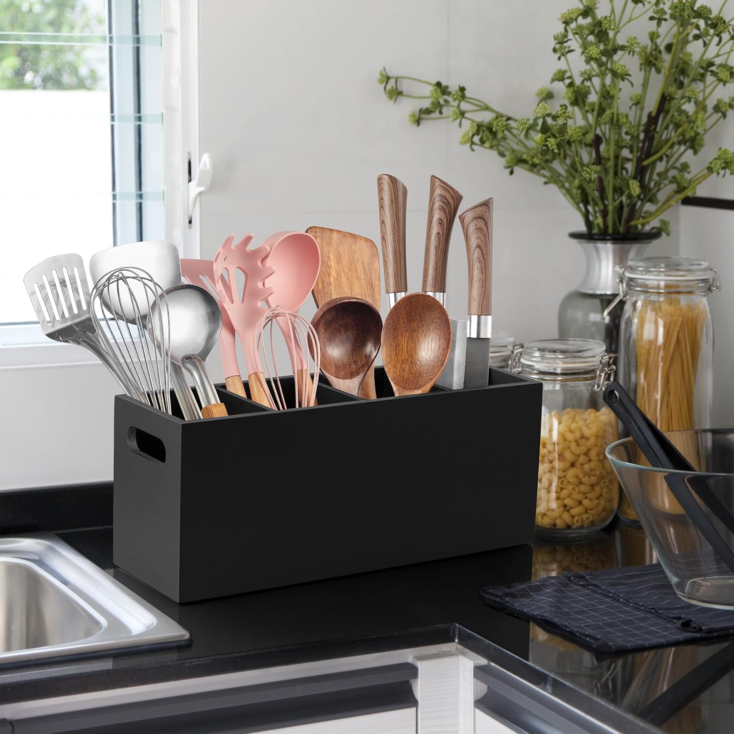 ALELION Large Utensil Holder with Removable Divider - 4 Compartment Wooden Utensil Caddy Organizer for Kitchen Counter - Black Cooking Utensil Crock for Countertop