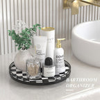 Black and White Kitchen Lazy Susan Turntable – Round Checkered Decorative Tray, 12” Table Top Oak Wood Lazy Susan for Cookies, Dining Table Organizer, Small Kitchen Table Centerpiece