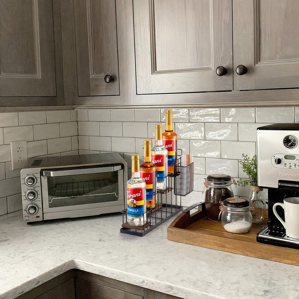 Coffee Syrup Rack Organizer, with Rustic Wood Holder Coffee Station Bar Accessory for Syrup, Wine, Dressing Bottle Countertop Display Storage Stand for Kitchen with Basket and Hooks Holds 4 Bottles