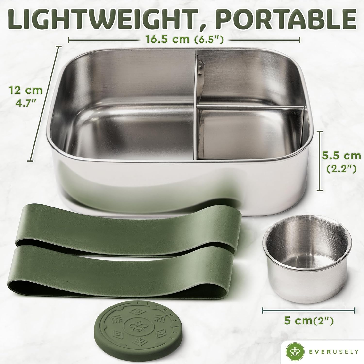 Everusely - Bento Box - Sage, 27oz / 0.8 L - Stainless Steel Lunch Box with Leakproof Condiment Container - 3 Compartment Snack Organizer for On the Go Meals - Freezer & Dishwasher Safe